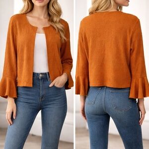 Perceptions Open Front Textured Cardigan with Bell Ruffle Sleeves Size L
